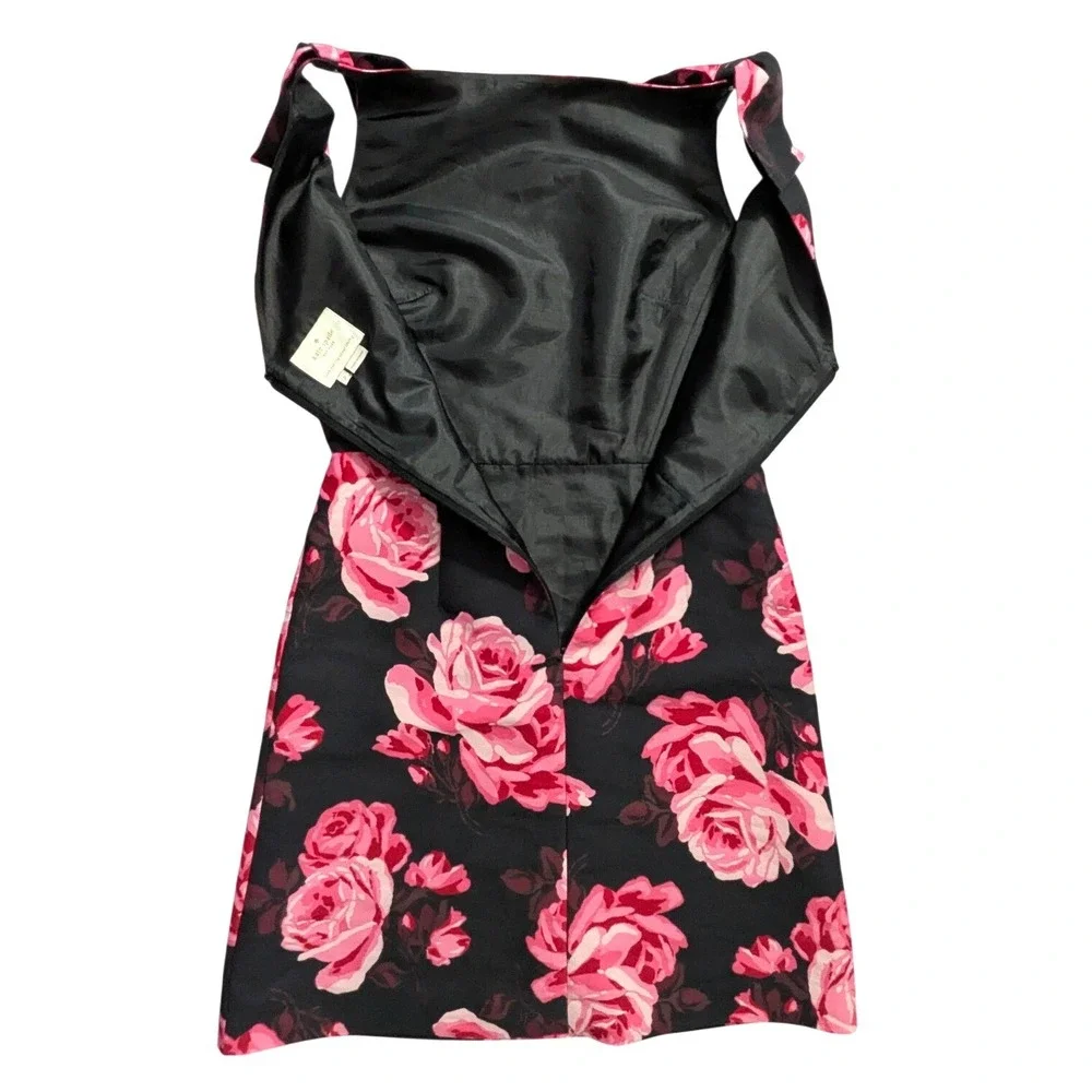 Kate Spade New York Rosa A-Line Rose Print Bow Shoulder Dress Black Pink Size 2‎
